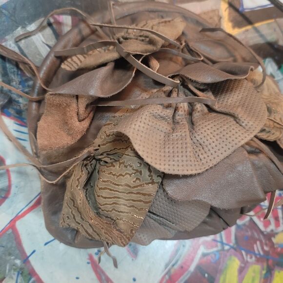 Brown Leather Ruffle Handbag Boho Chic Floral Accent Purse, Vintage-inspired - Picture 3 of 12